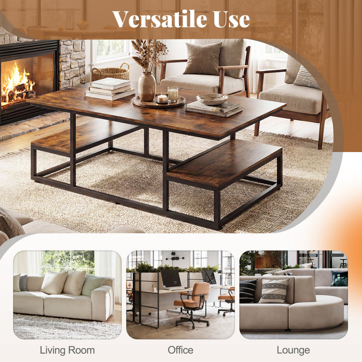 43" Rectangle Coffee Table with Storage and Open Shelves - Rustic Brown