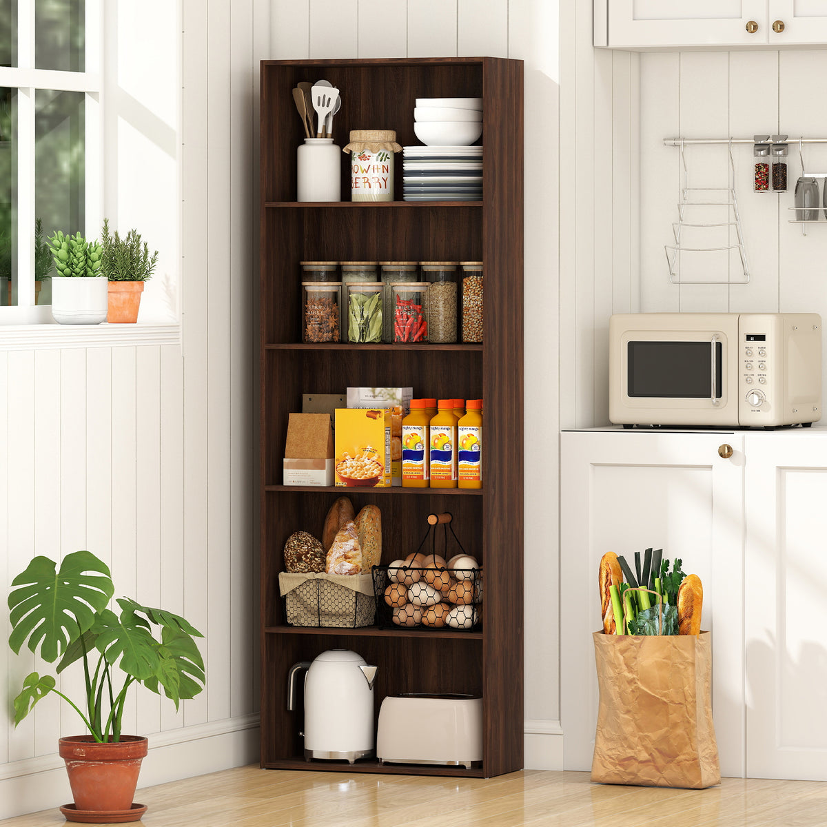 5-Shelf Walnut Wood Bookcase for Home Office