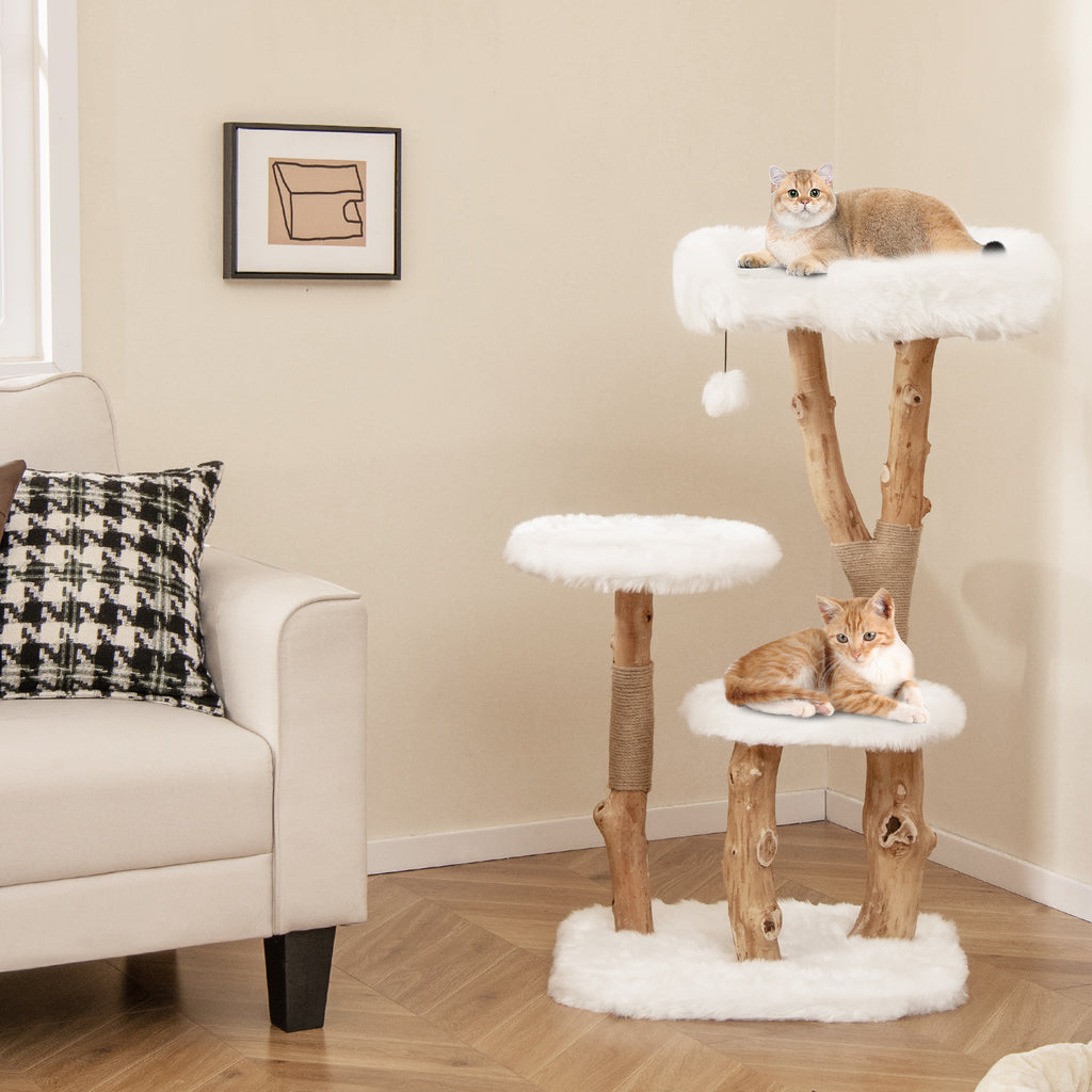 3-Tier Solid Wood Cat Tree with Perch and Jute Scratching Posts – White
