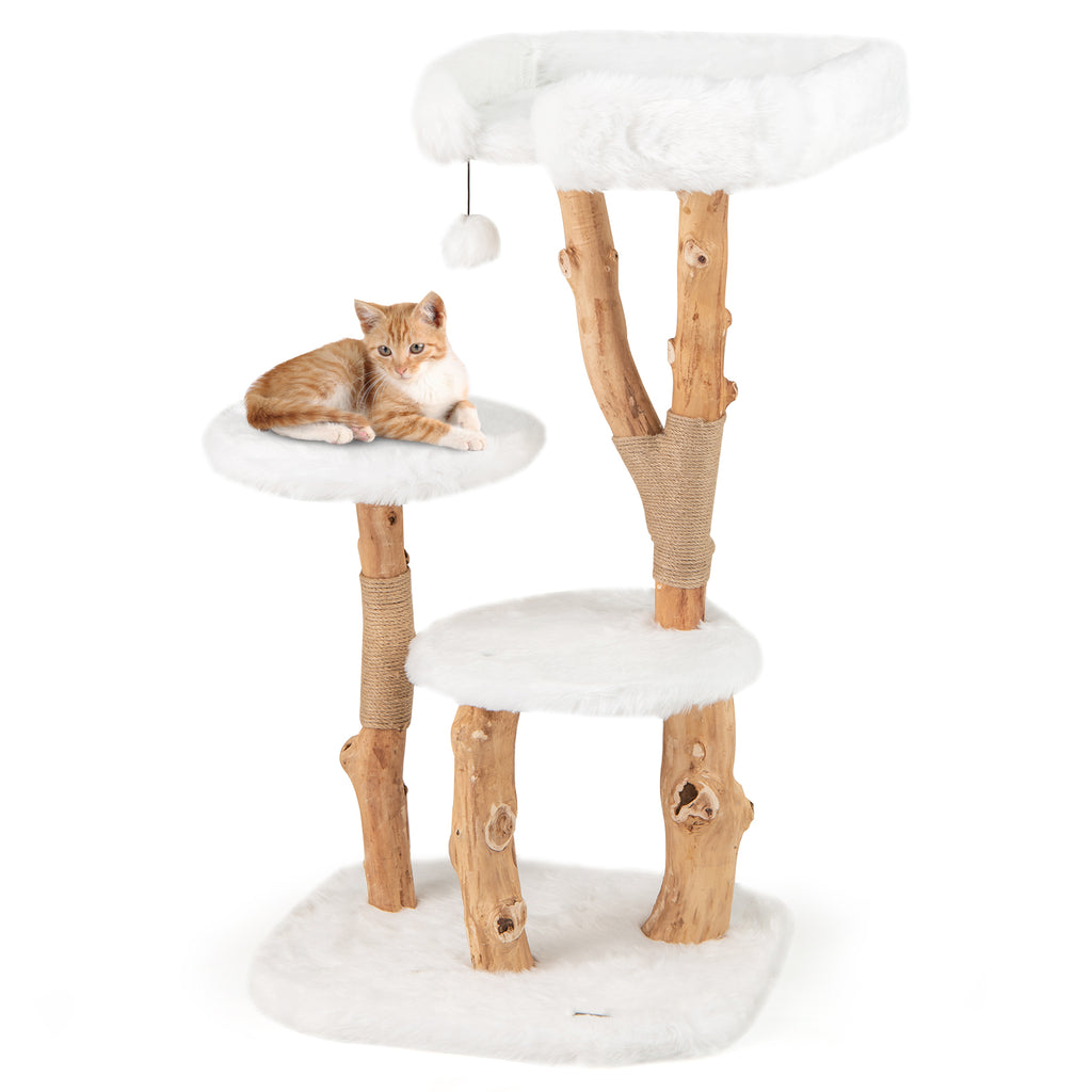3-Tier Solid Wood Cat Tree with Perch and Jute Scratching Posts – White