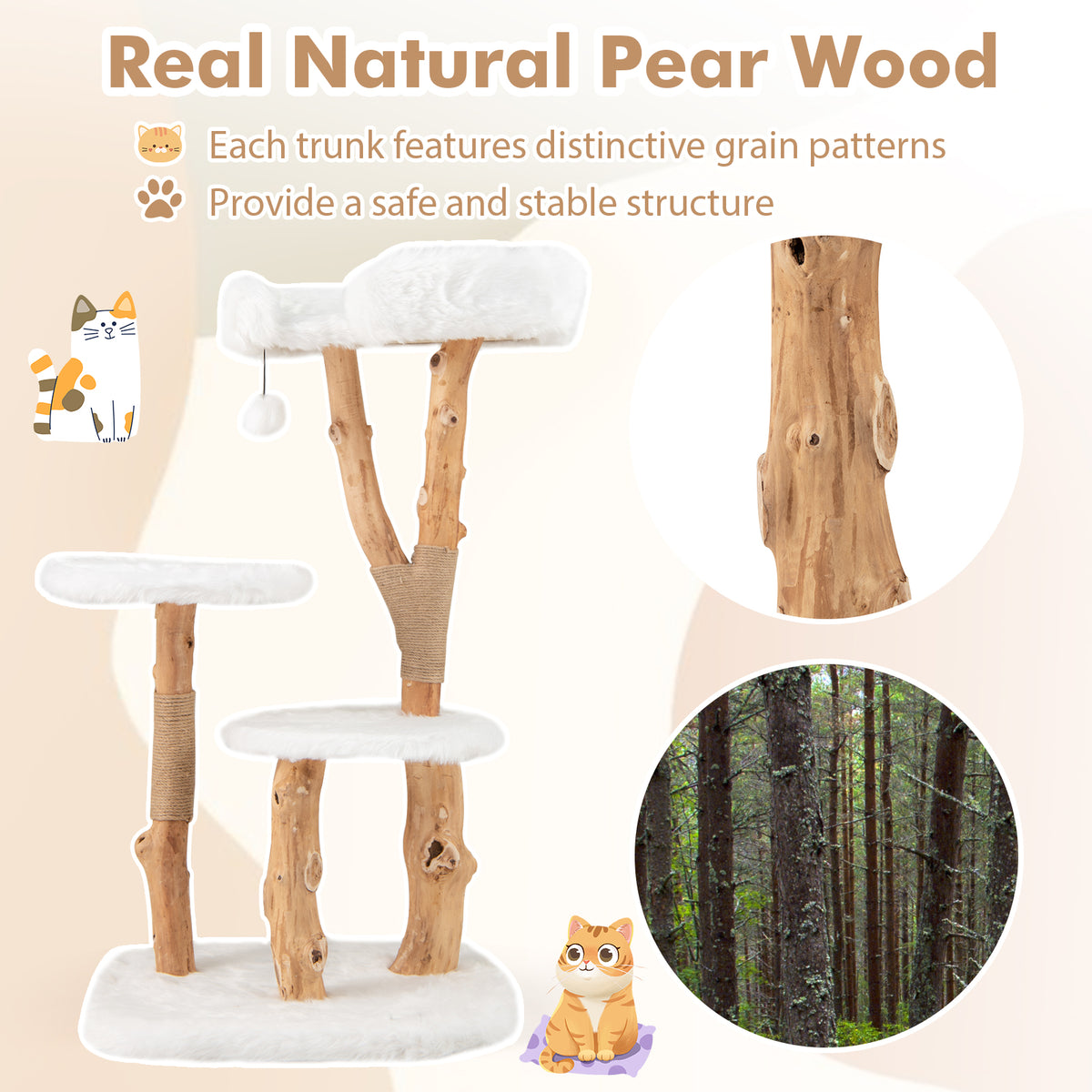 3-Tier Solid Wood Cat Tree with Perch and Jute Scratching Posts – White