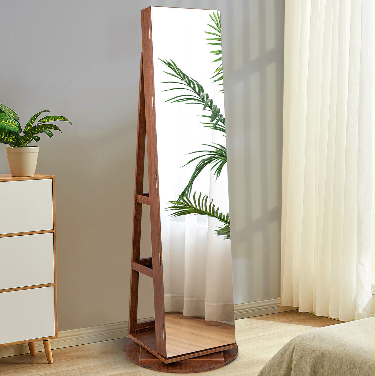 360° Rotating Jewelry Cabinet Armoire with LED Mirror - Dark Brown