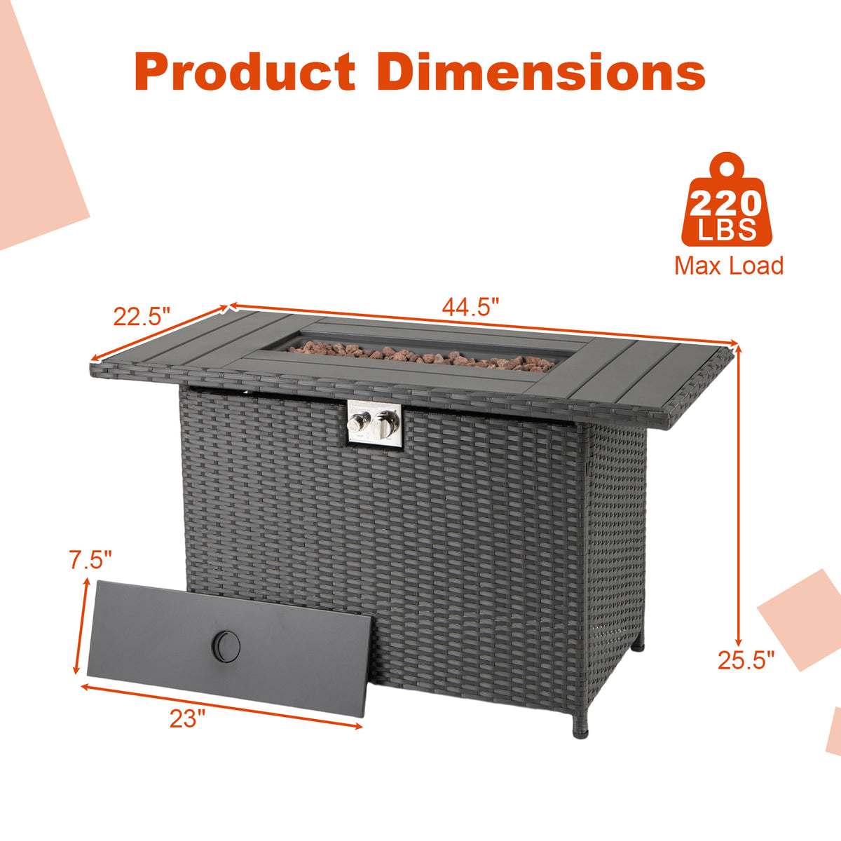44.5" Propane Fire Pit Table with Rattan - Black