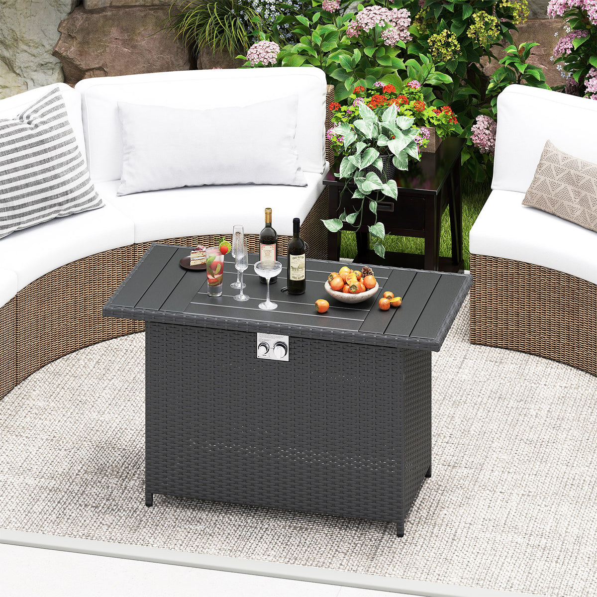 44.5" Propane Fire Pit Table with Rattan - Black