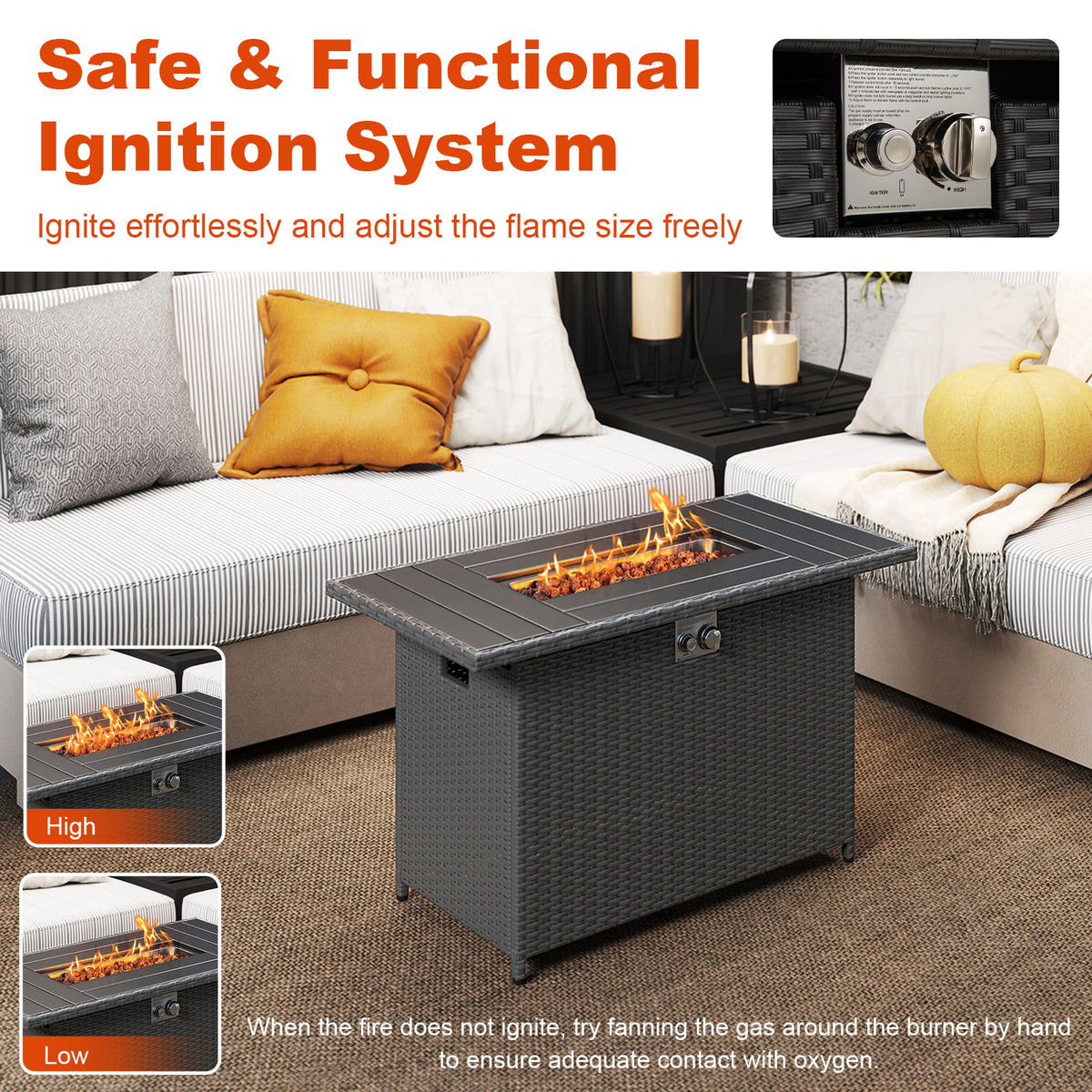 44.5" Propane Fire Pit Table with Rattan - Black
