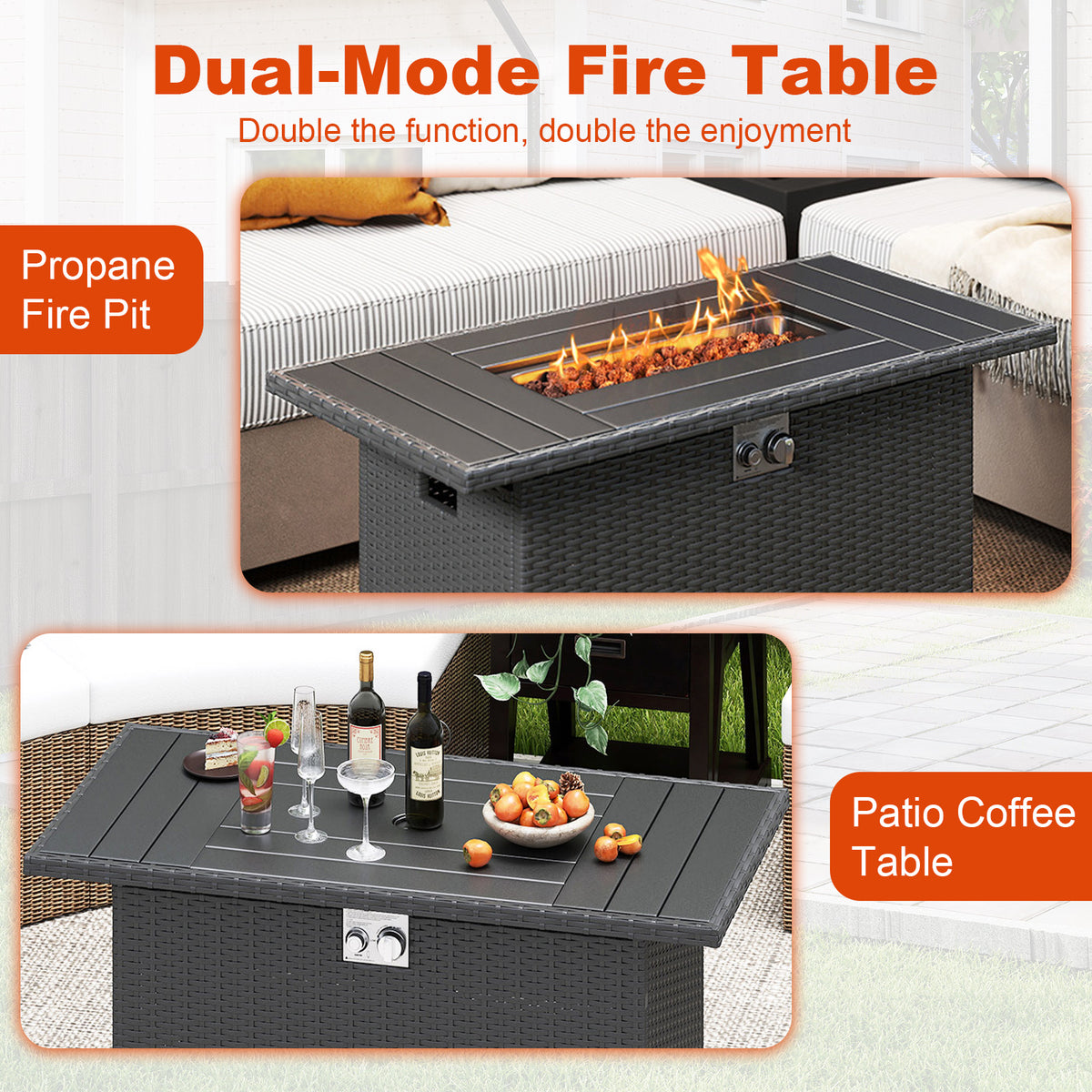 44.5" Propane Fire Pit Table with Rattan - Black