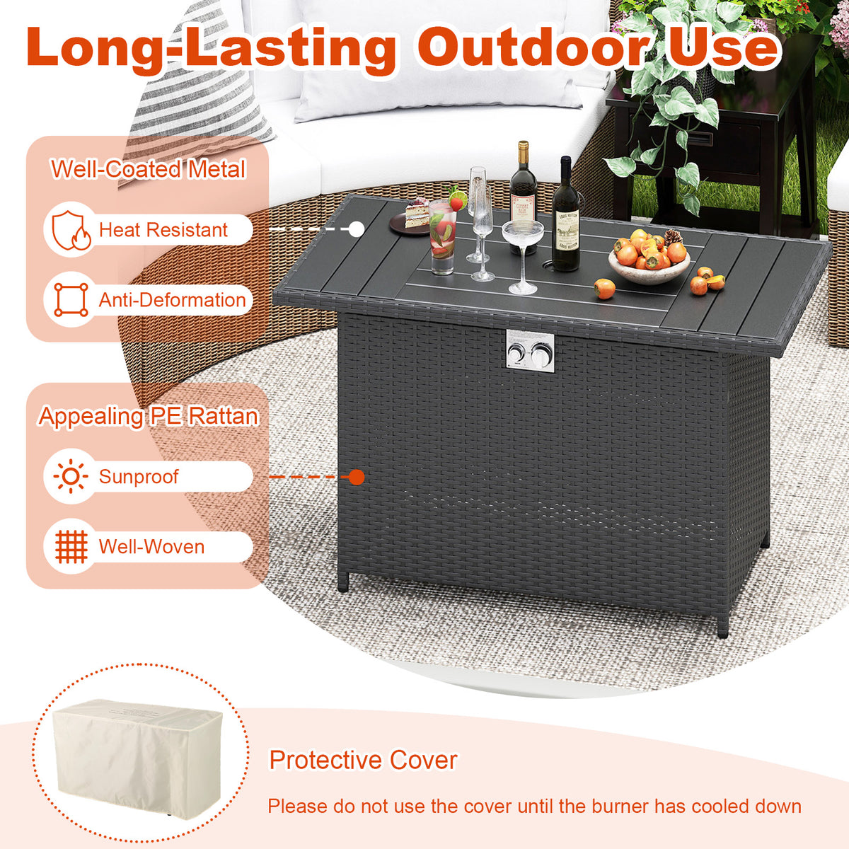 44.5 Inch Propane Fire Pit Table Rattan Gas 2-in-1 with Stainless