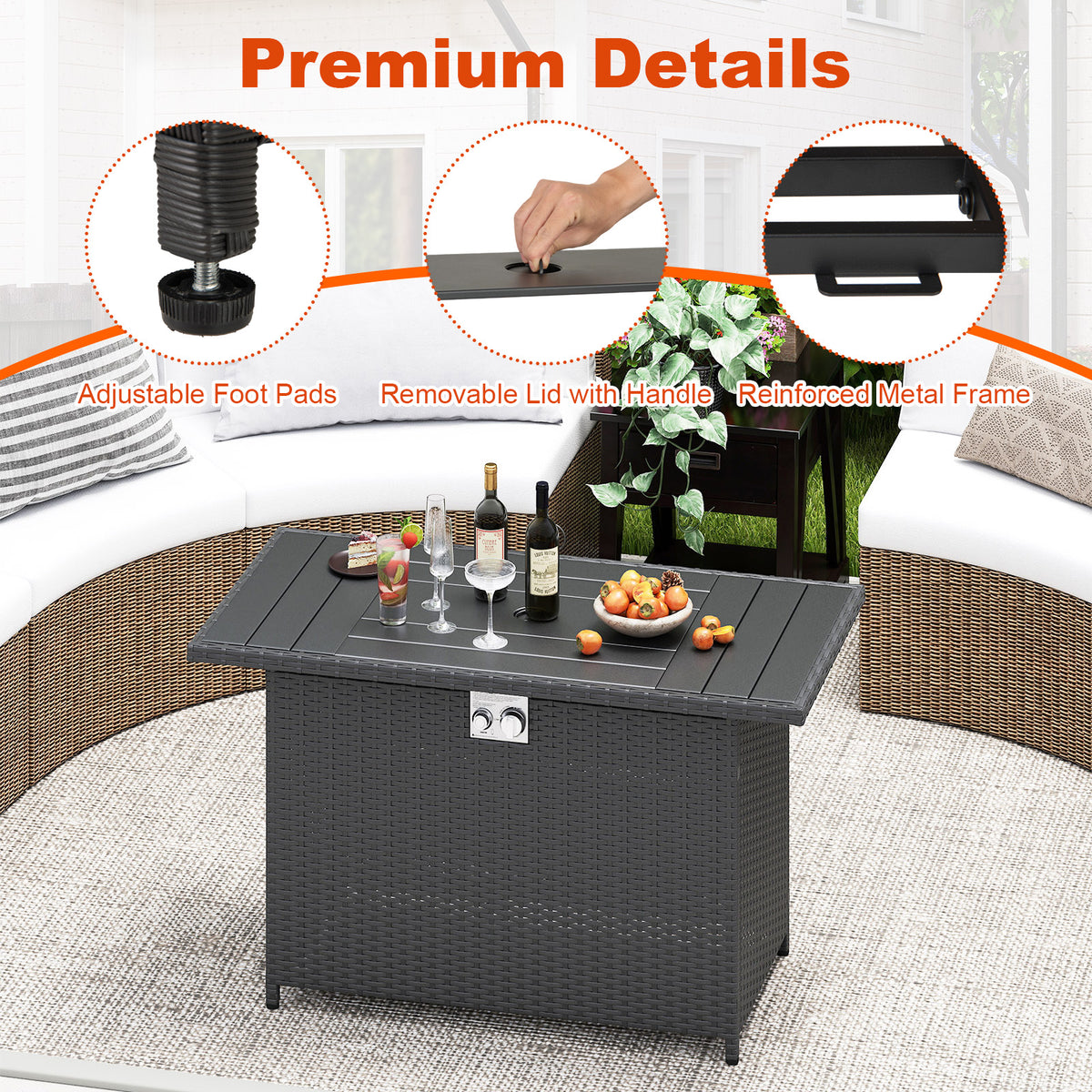 44.5" Propane Fire Pit Table with Rattan - Black