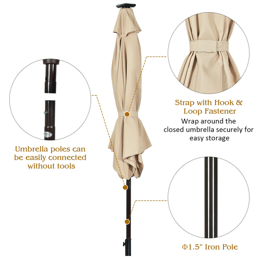 9 x 8 Feet Solar LED Market Umbrella with Tilt & Crank - 18 Lights, Beige