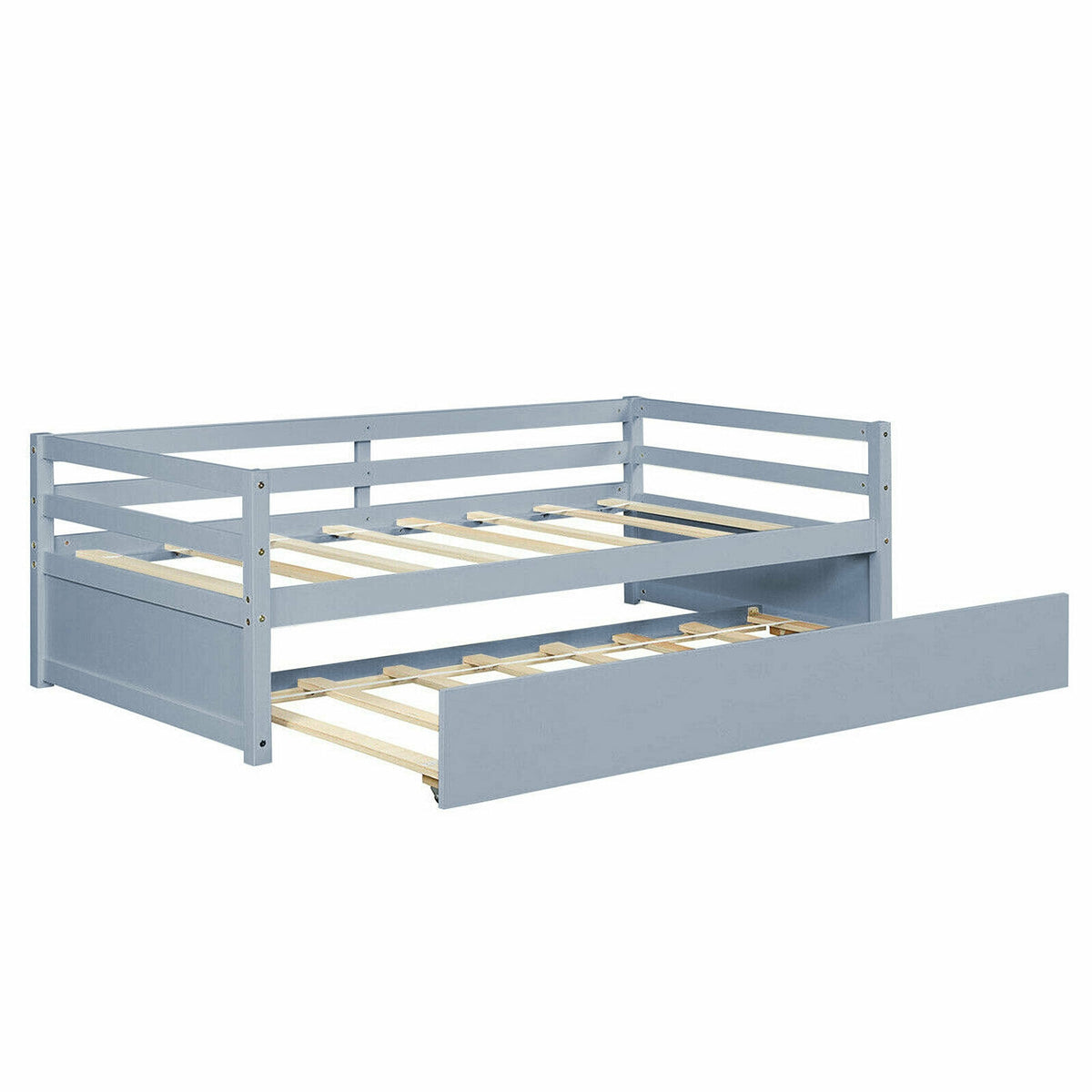 Twin Size Trundle Platform Bed Frame with Wooden Slats, Gray