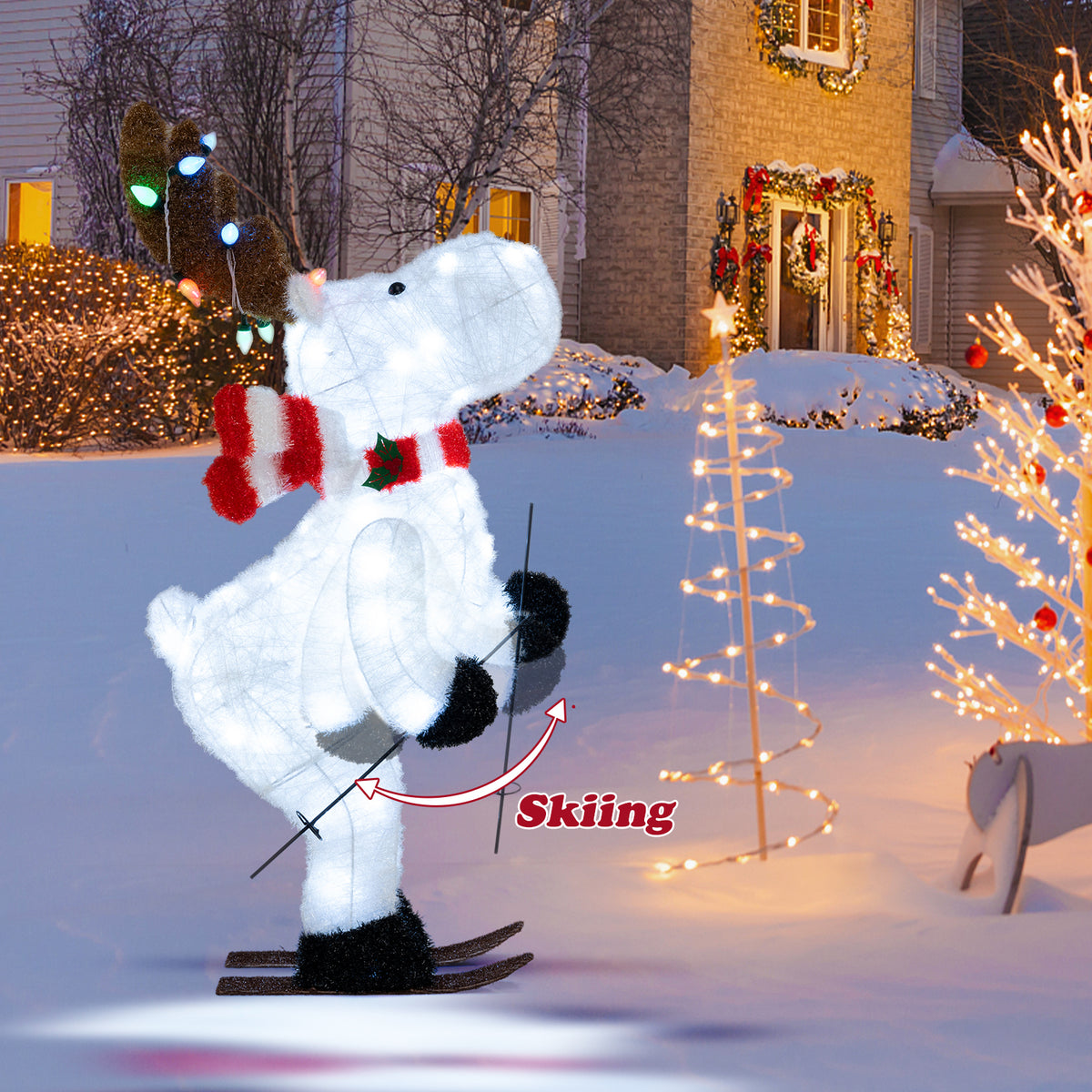 44-Inch Animated Skiing Reindeer Decoration with Pre-Lit Lights - Outdoor Holiday Scene