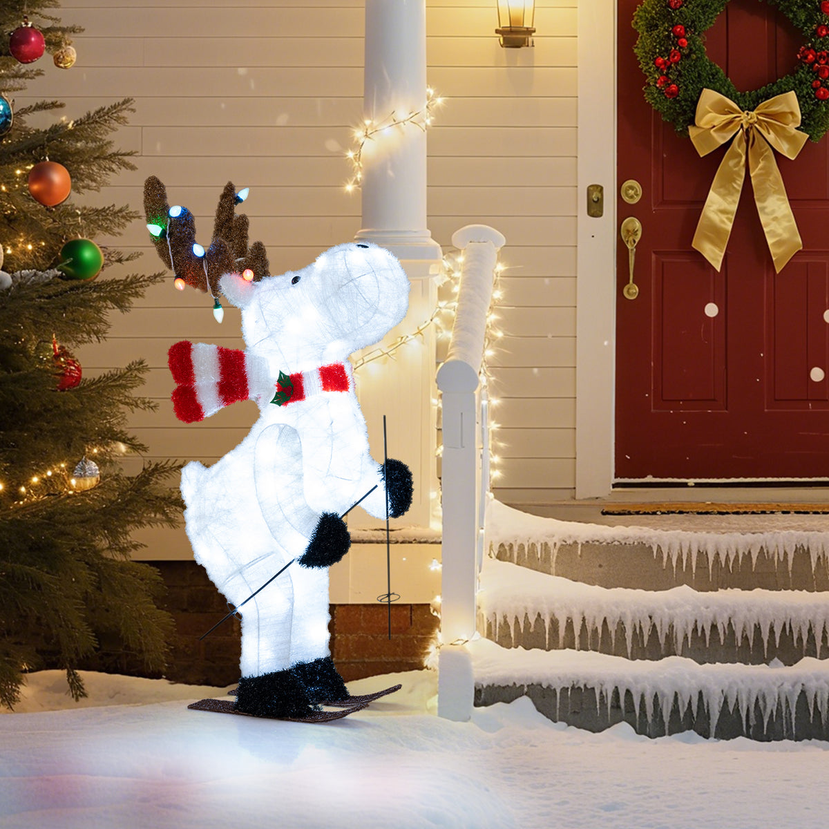 44-Inch Animated Skiing Reindeer Decoration with Pre-Lit Lights - Outdoor Holiday Scene