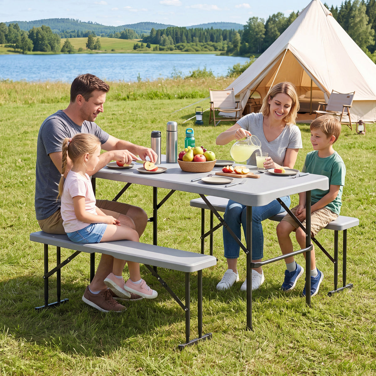 44" HDPE Folding Picnic Table Set with 2 Benches