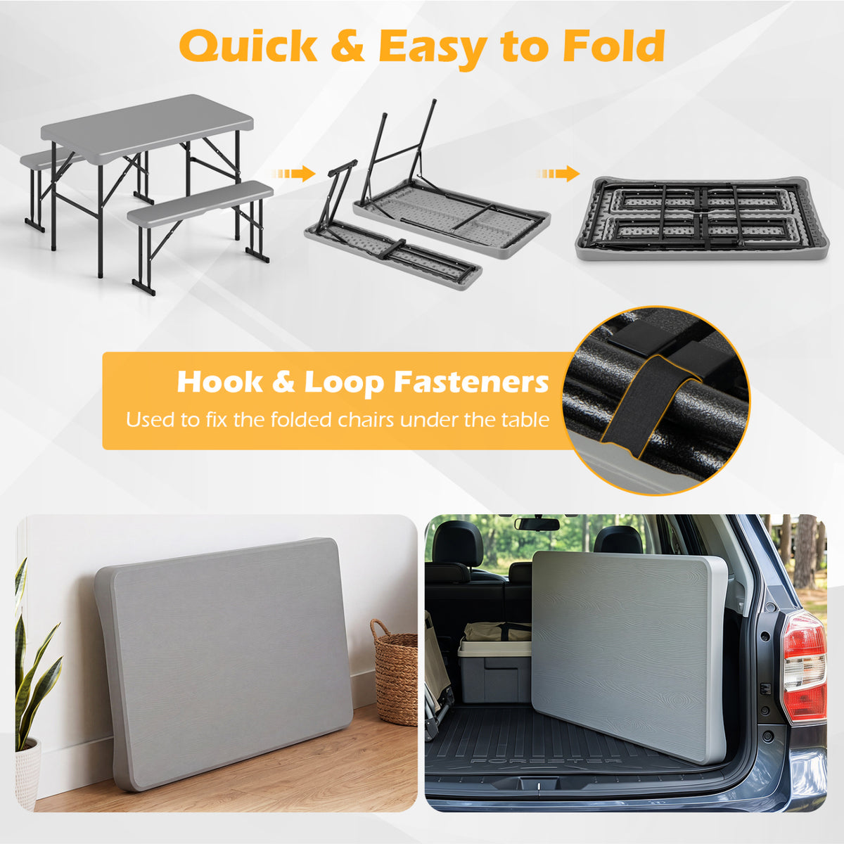 44" HDPE Folding Picnic Table Set with 2 Benches