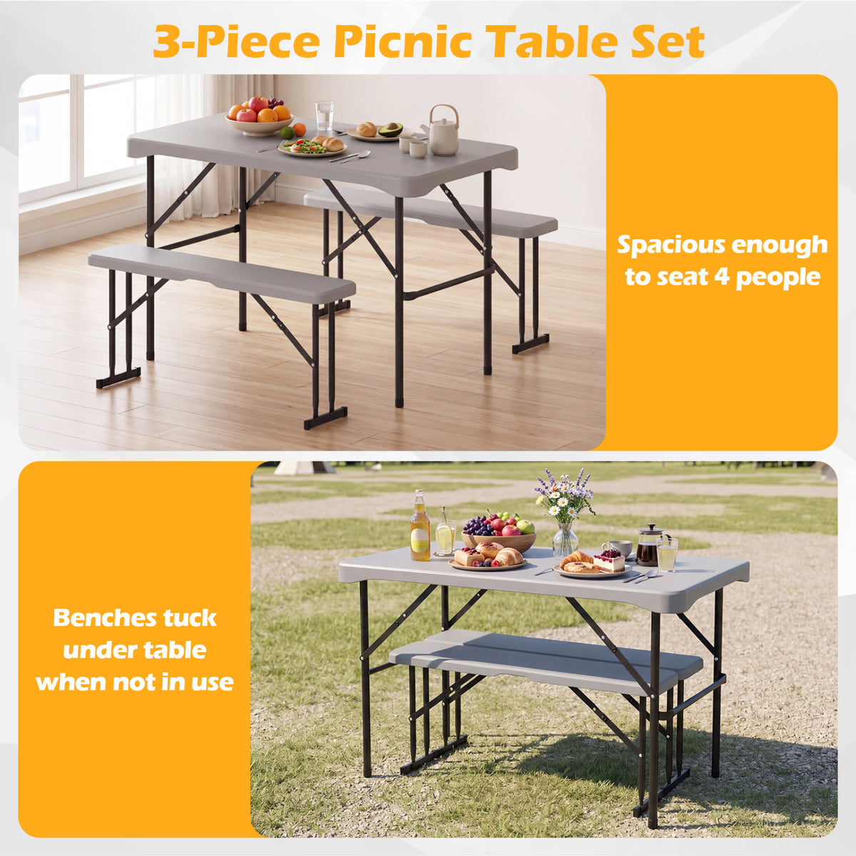 44" HDPE Folding Picnic Table Set with 2 Benches