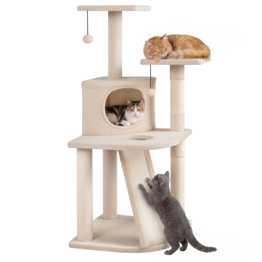 44 Inch Tall Kitten Tower with Condo and Plush Perches - Beige Variation
