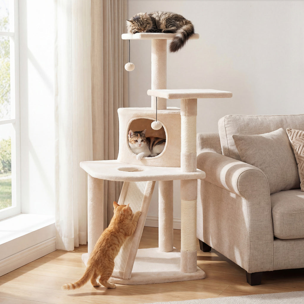 44 Inch Tall Kitten Tower with Condo and Plush Perches - Beige Variation
