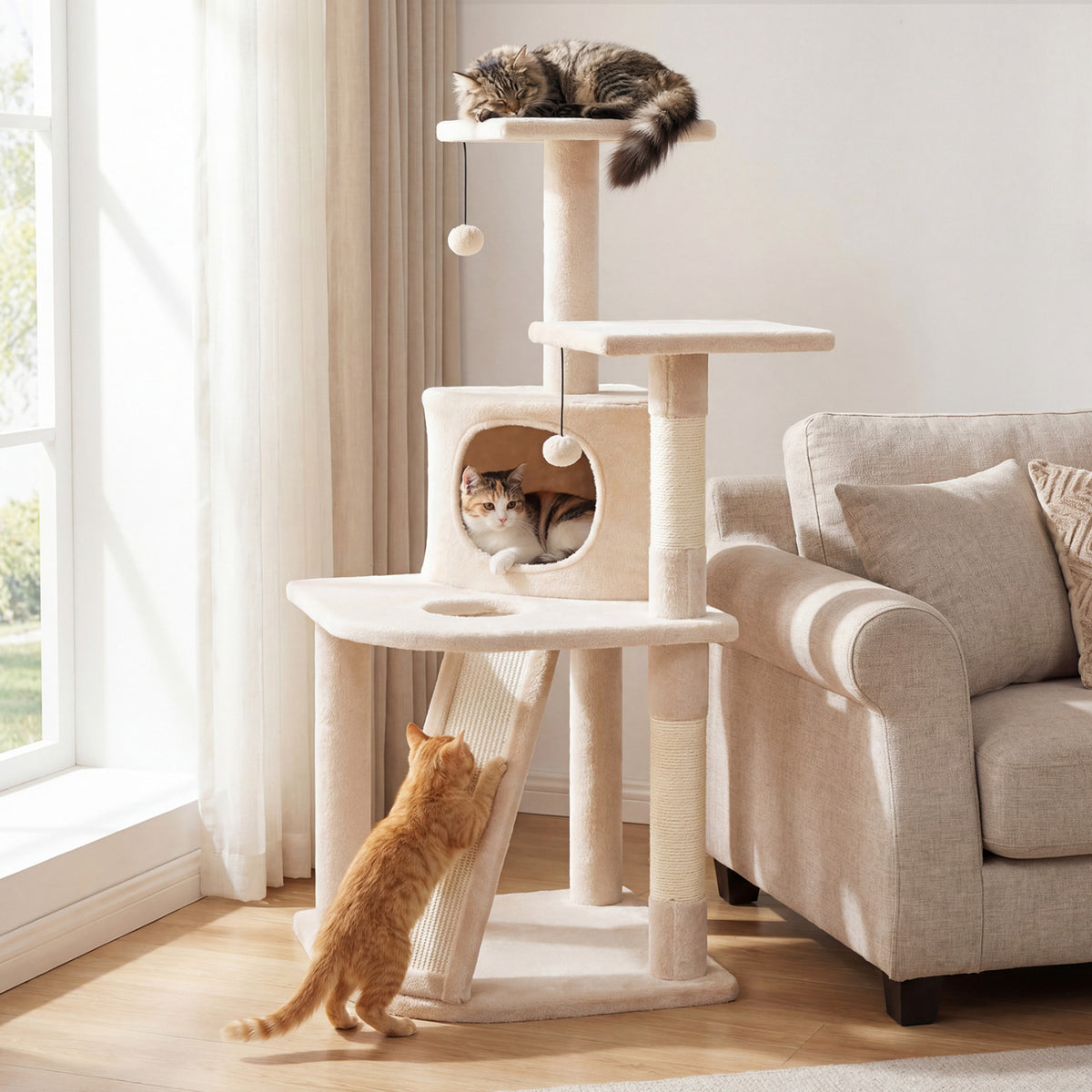 44 Inch Tall Kitten Tower with Condo and Plush Perches - Beige Variation