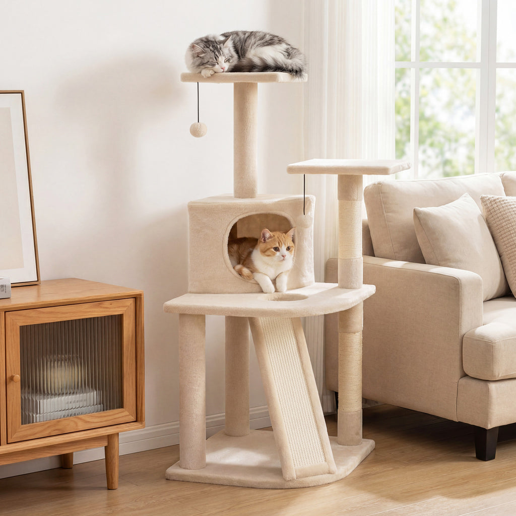 44 Inch Tall Kitten Tower with Condo and Plush Perches - Beige Variation