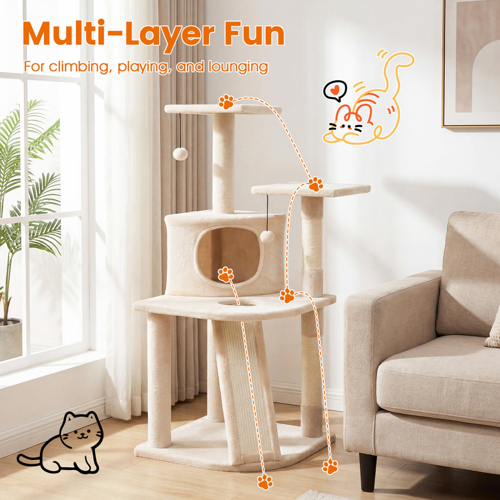 44 Inch Tall Kitten Tower with Condo and Plush Perches - Beige Variation