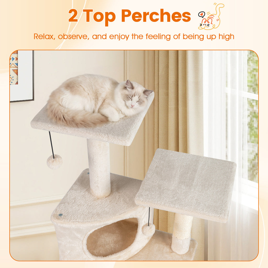 44 Inch Tall Kitten Tower with Condo and Plush Perches - Beige Variation