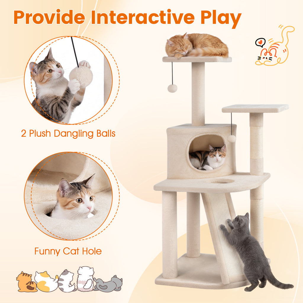 44 Inch Tall Kitten Tower with Condo and Plush Perches - Beige Variation