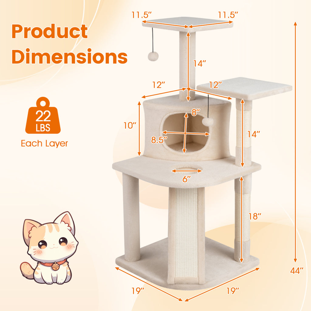 44 Inch Tall Kitten Tower with Condo and Plush Perches - Beige Variation