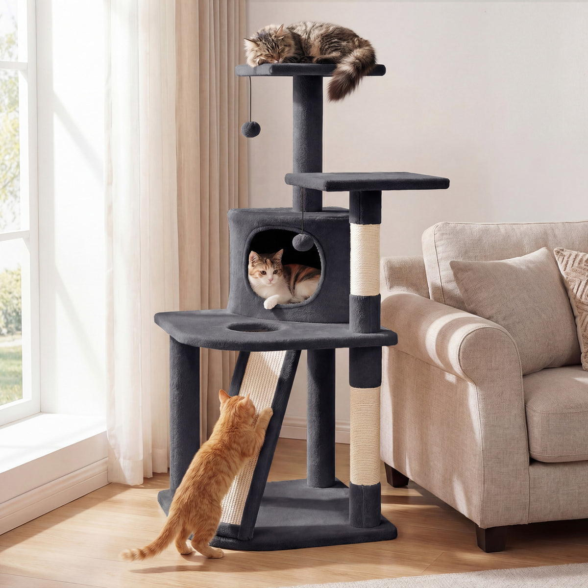 44 Inch Tall Kitten Tower with Condo and Plush Perches - Dark Gray