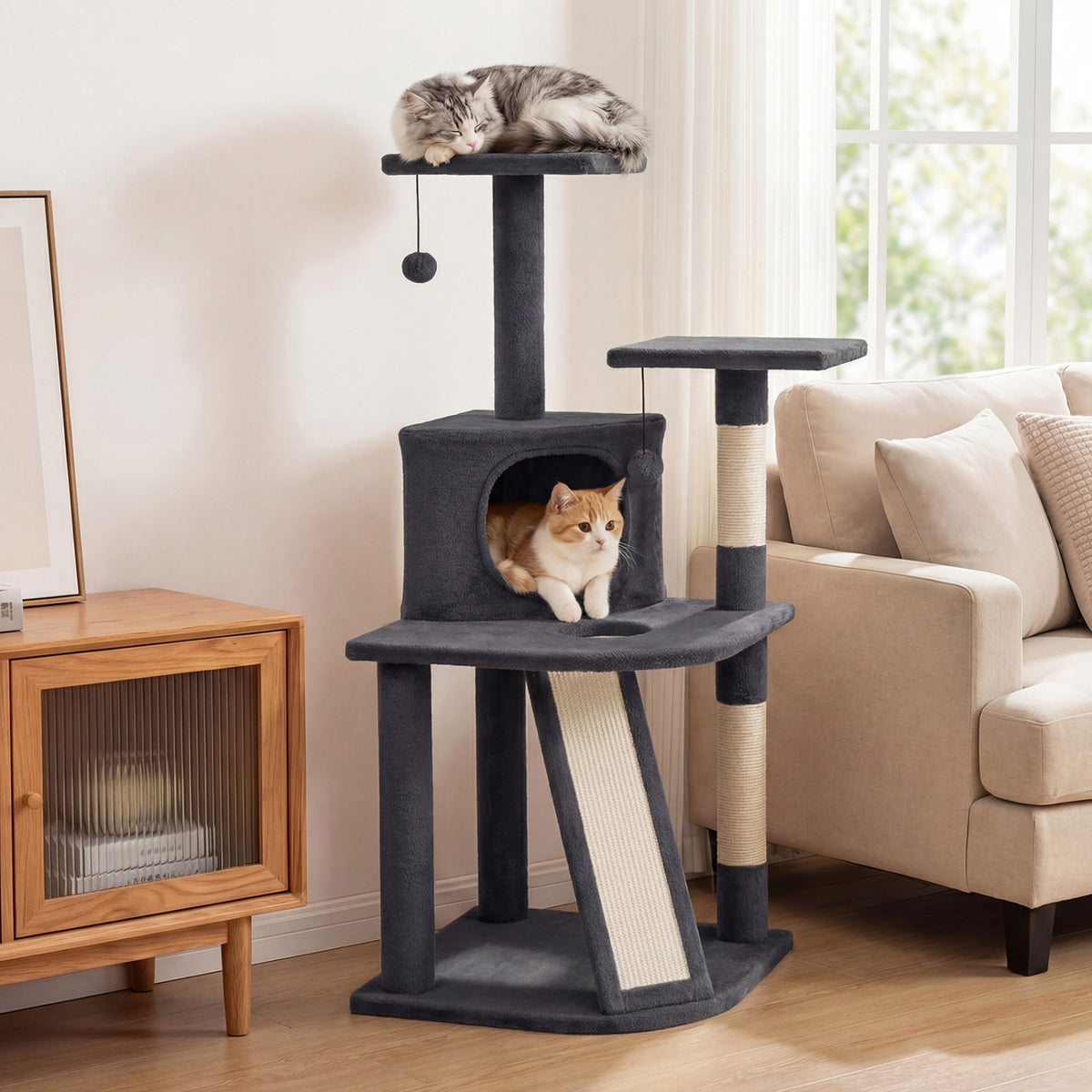 44 Inch Tall Kitten Tower with Condo and Plush Perches - Dark Gray