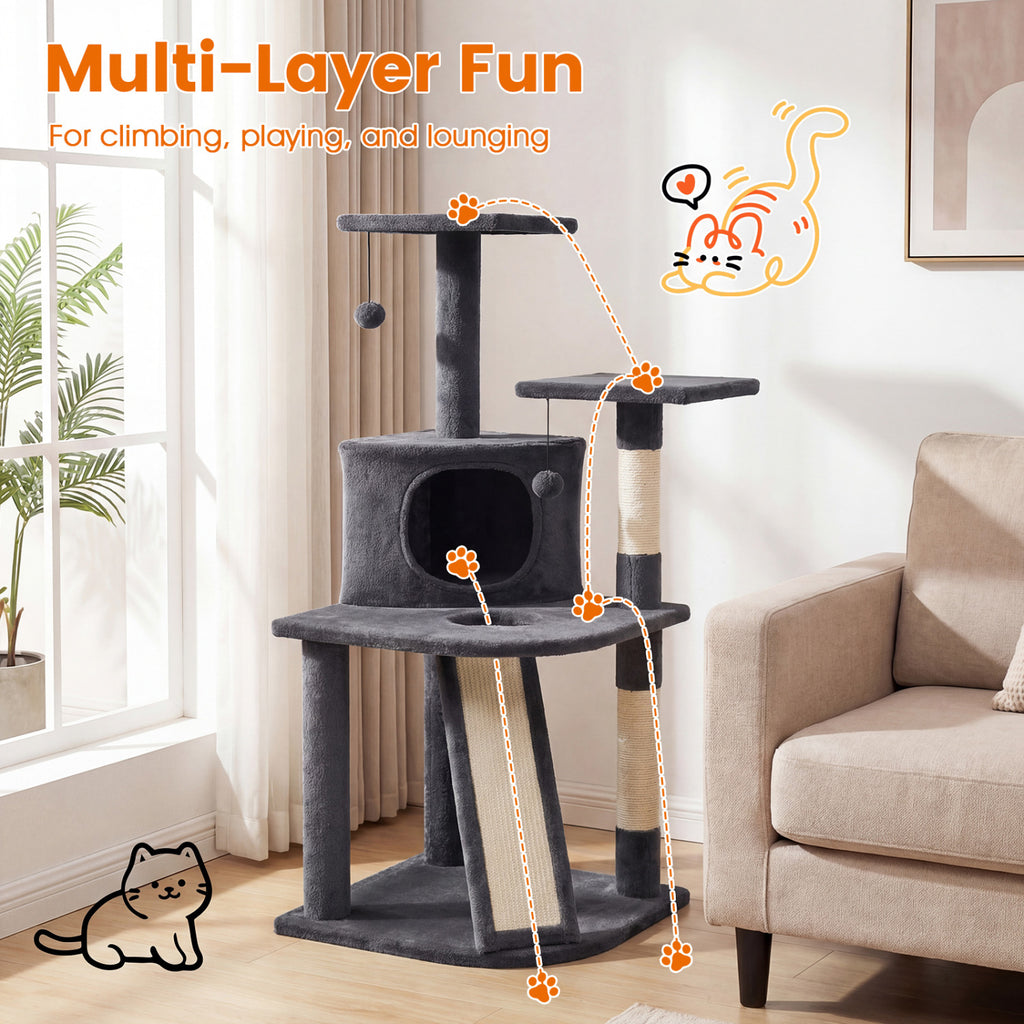 44 Inch Tall Kitten Tower with Condo and Plush Perches - Dark Gray