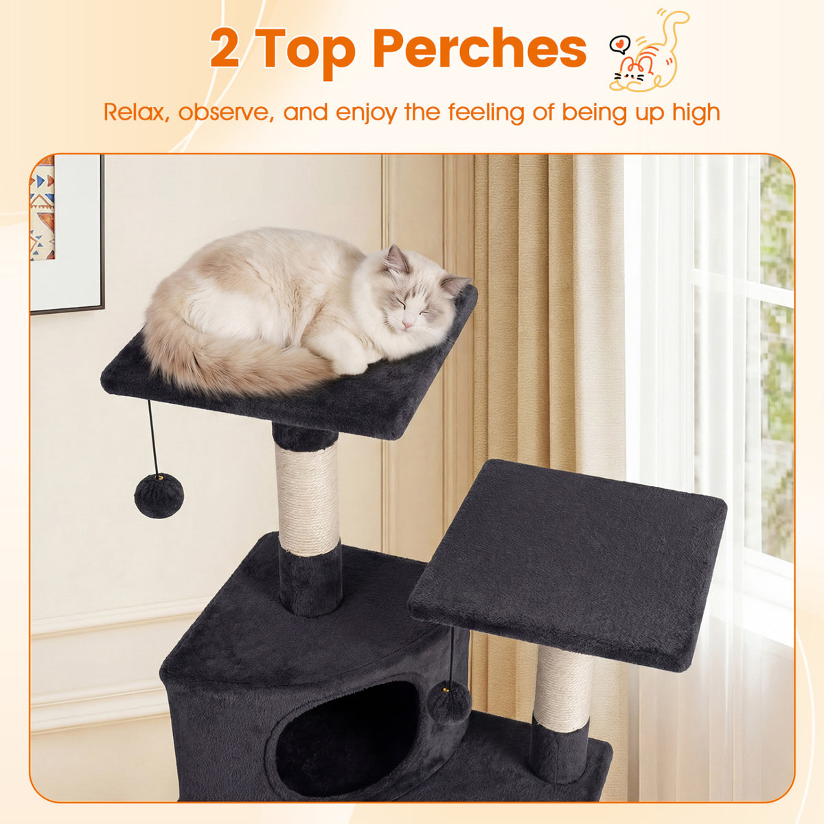 44 Inch Tall Kitten Tower with Condo and Plush Perches - Dark Gray