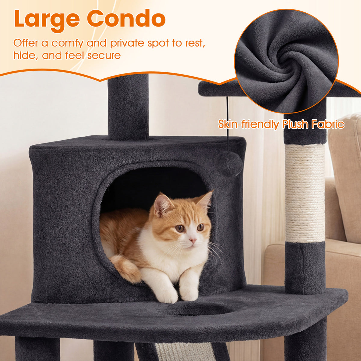 44 Inch Tall Kitten Tower with Condo and Plush Perches - Dark Gray