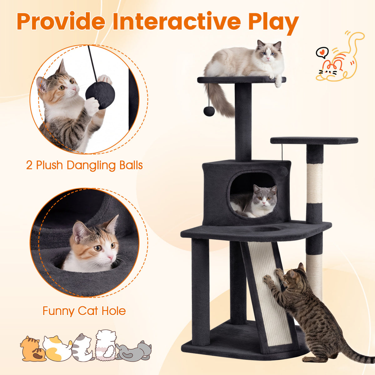 44 Inch Tall Kitten Tower with Condo and Plush Perches - Dark Gray