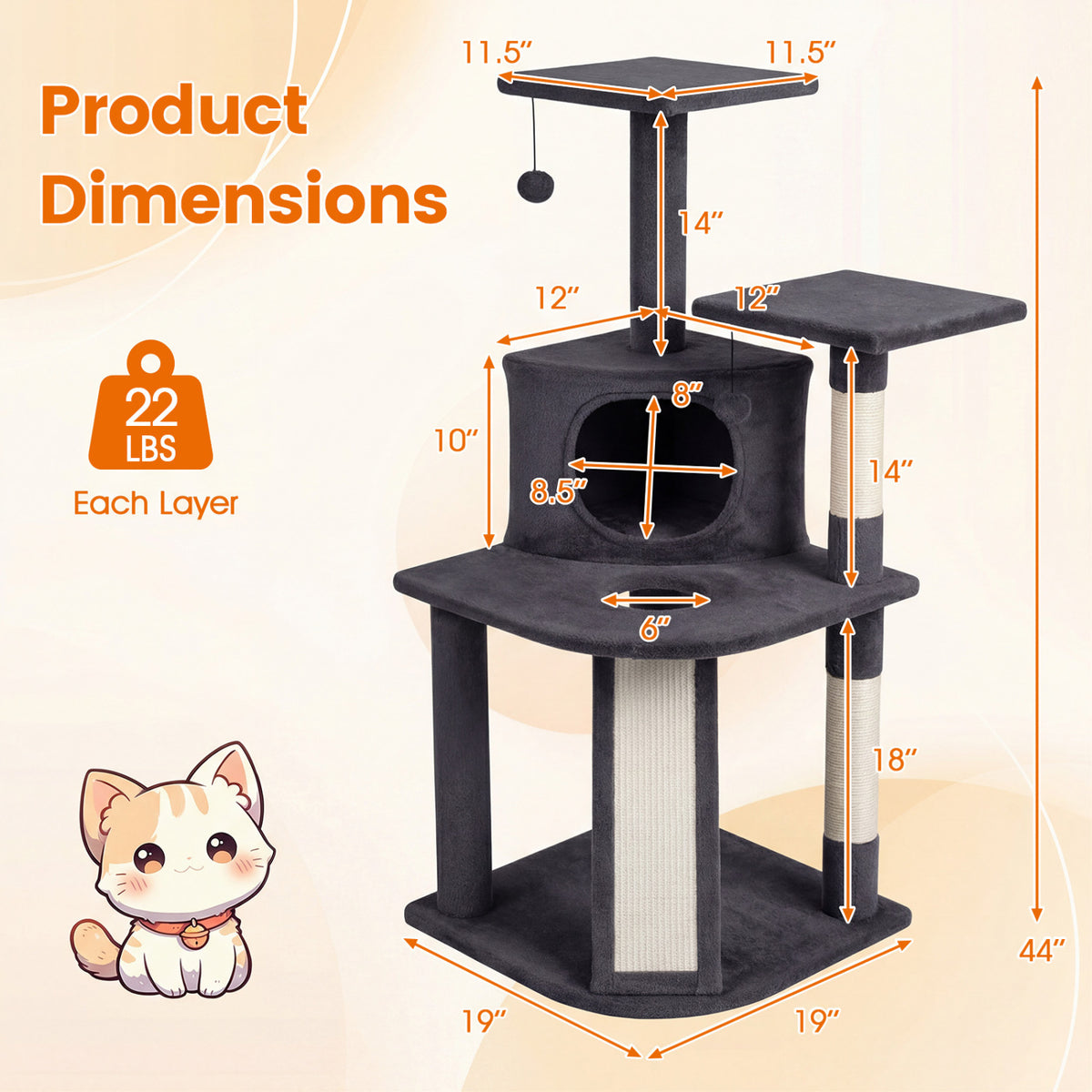 44 Inch Tall Kitten Tower with Condo and Plush Perches - Dark Gray