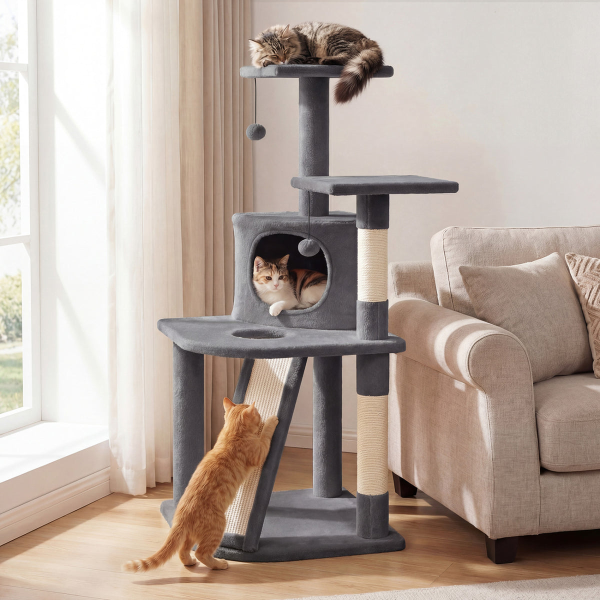 44 Inch Tall Kitten Tower with Condo and Plush Perches - Beige Variation