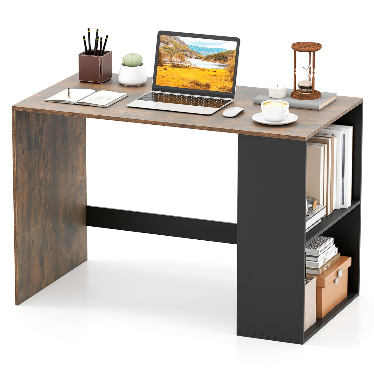 44-Inch Wooden Computer Desk with Bookshelf - Black & Brown