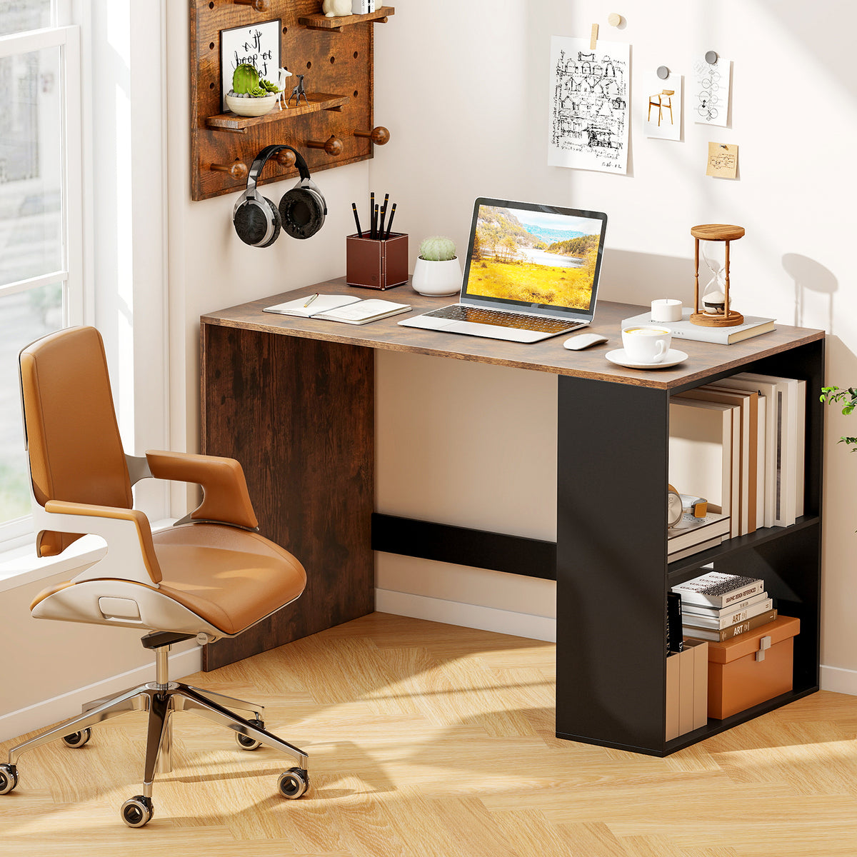 44-Inch Wooden Computer Desk with Bookshelf - Black & Brown