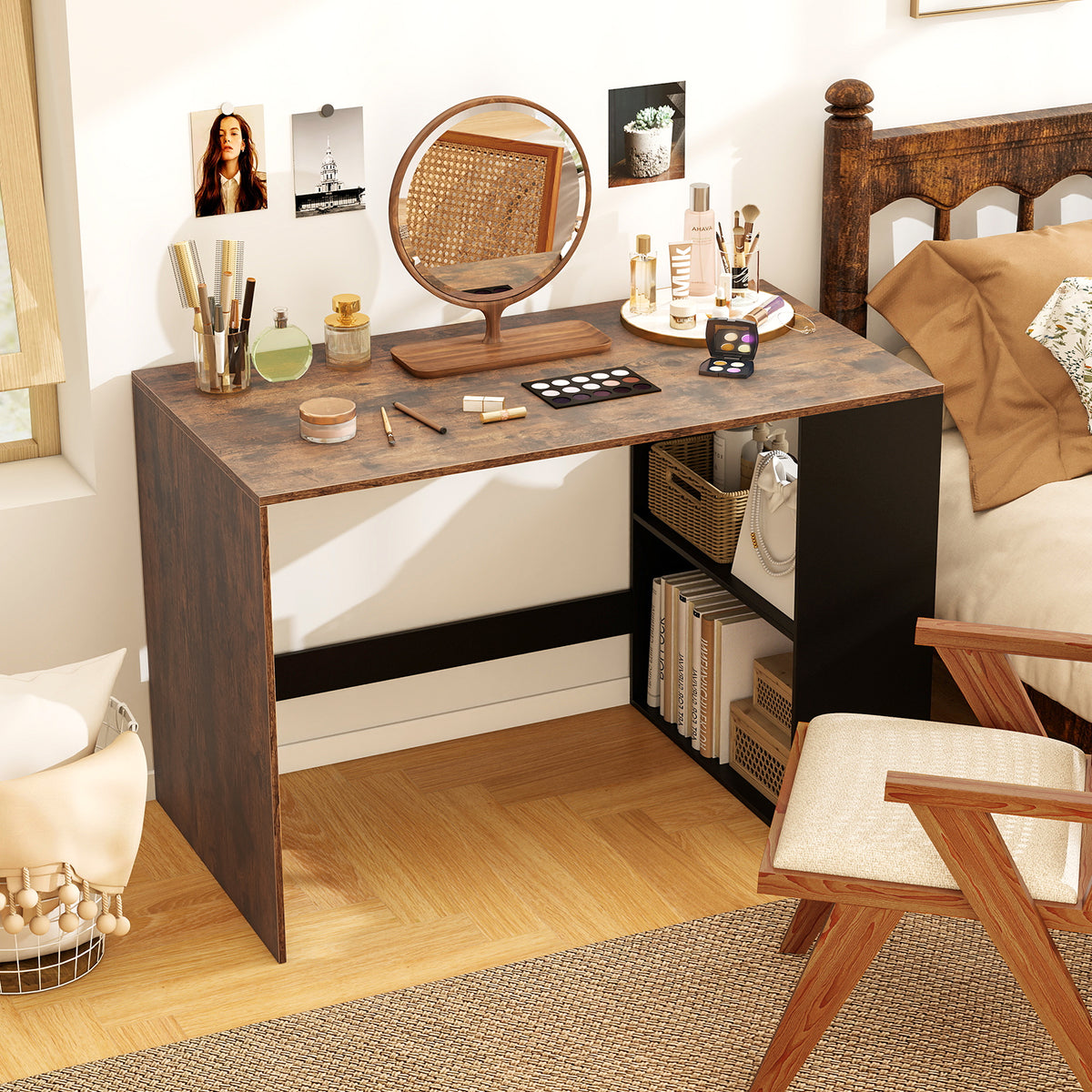 44-Inch Wooden Computer Desk with Bookshelf - Black & Brown