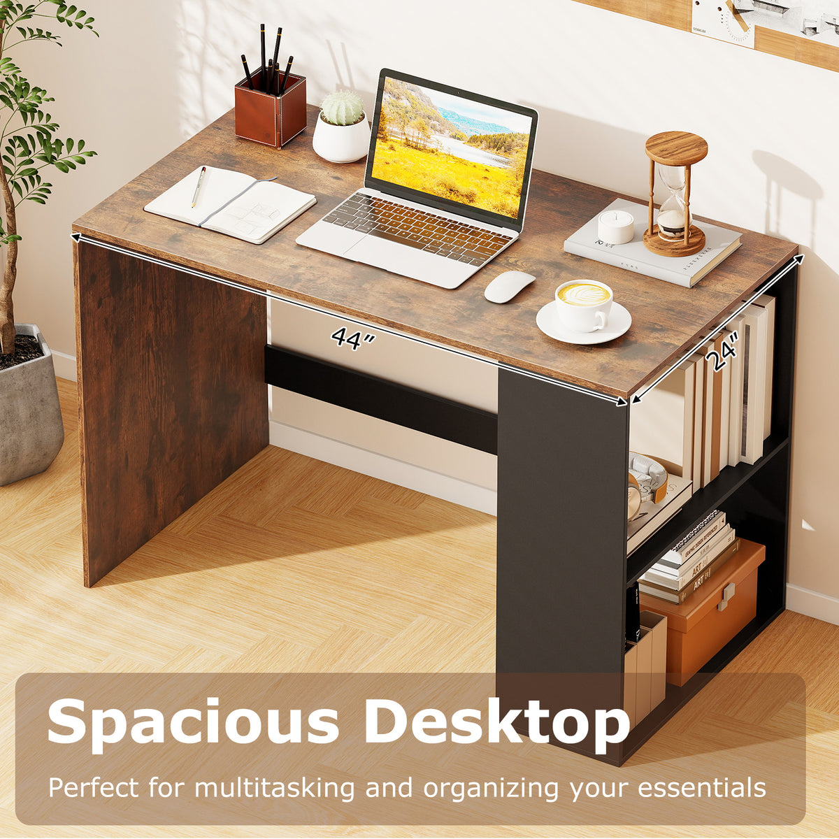 44-Inch Wooden Computer Desk with Bookshelf - Black & Brown