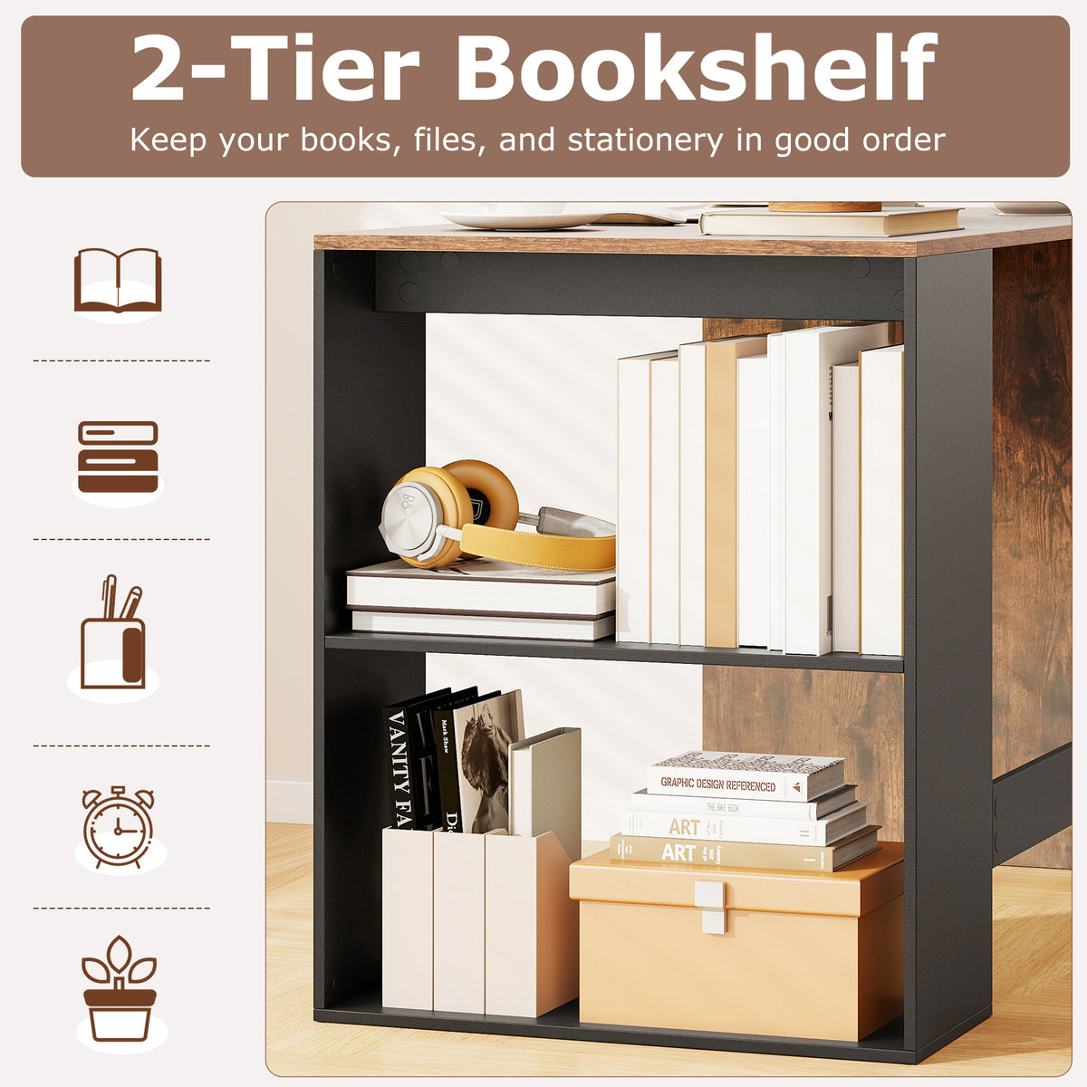 44-Inch Wooden Computer Desk with Bookshelf - Black & Brown