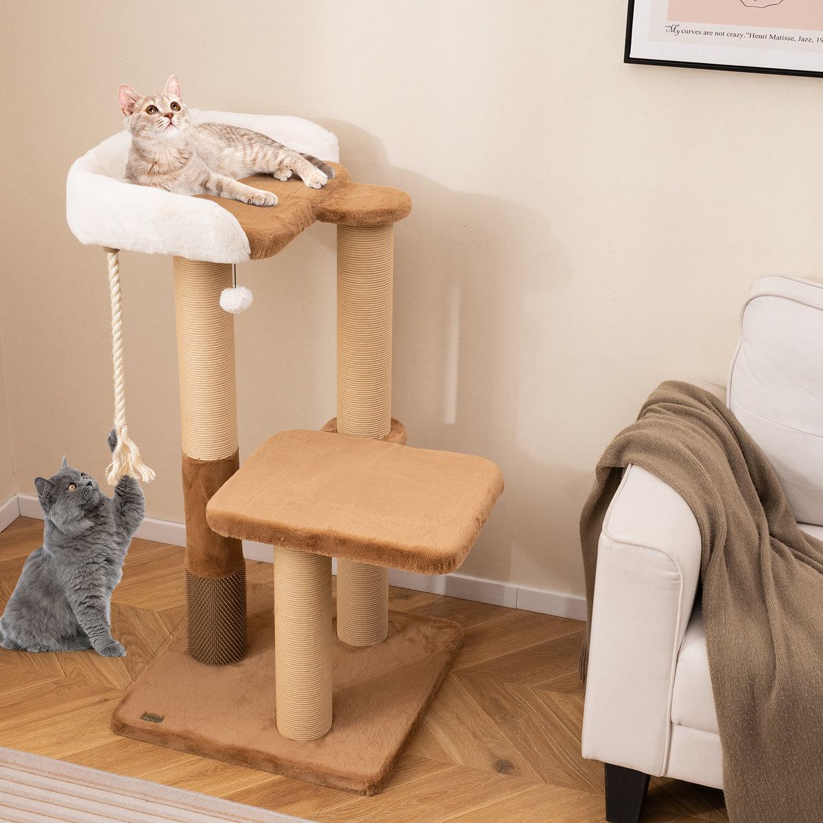 44 Inches Modern Cat Tree with Plush Perch and Dangling Toy - Coffee