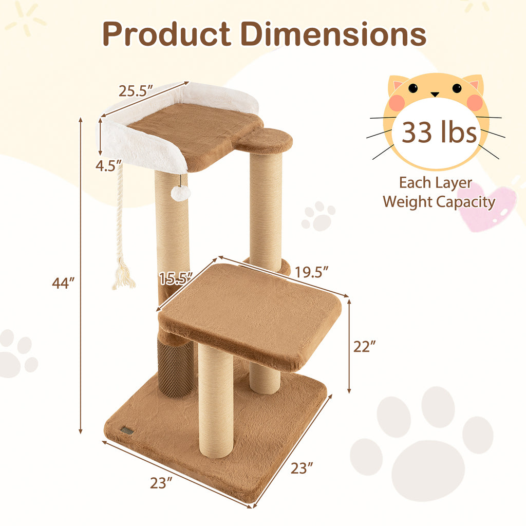 44 Inches Modern Cat Tree with Plush Perch and Dangling Toy - Coffee