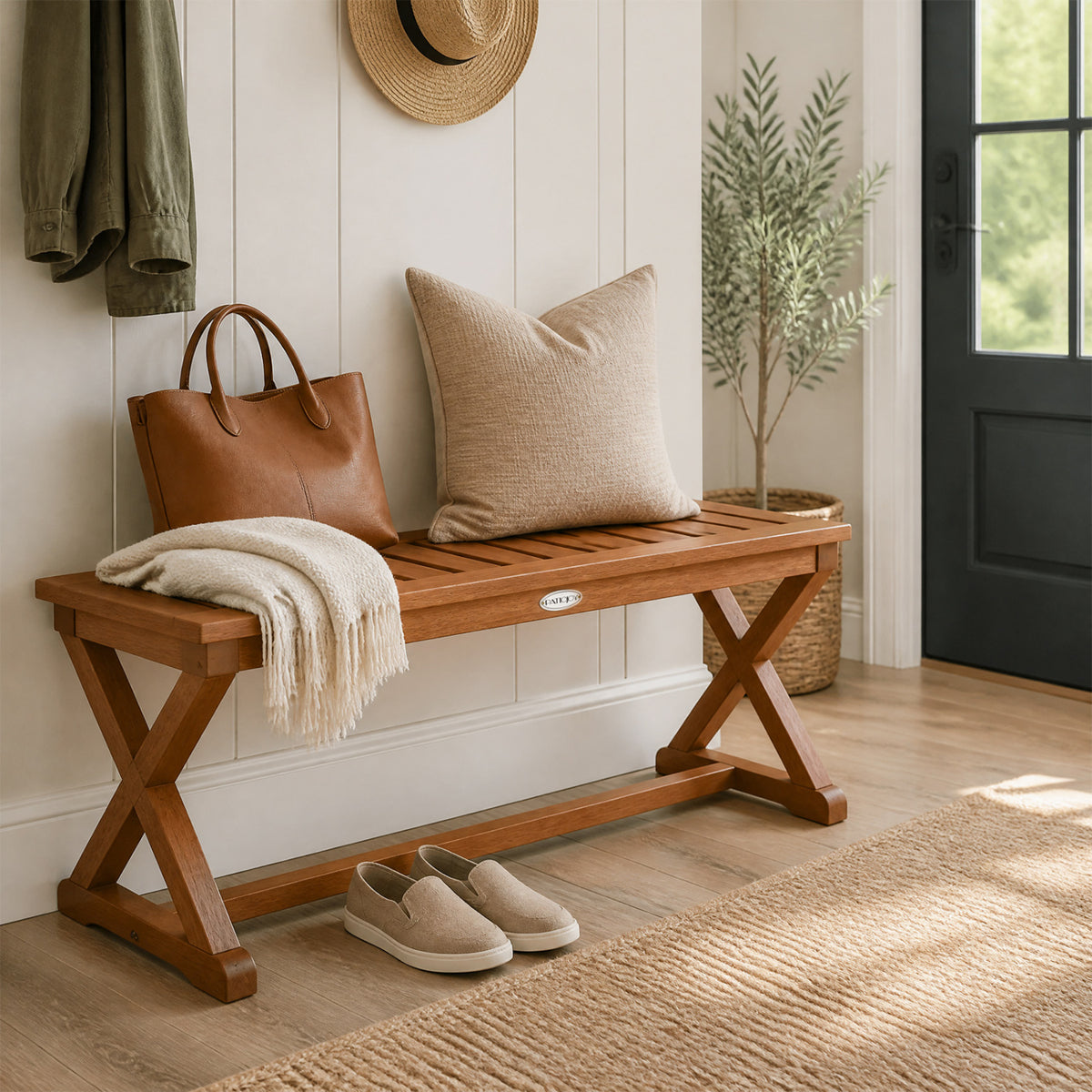 2-Person 44" Solid Wood Outdoor Bench with Slatted Seat for Patio