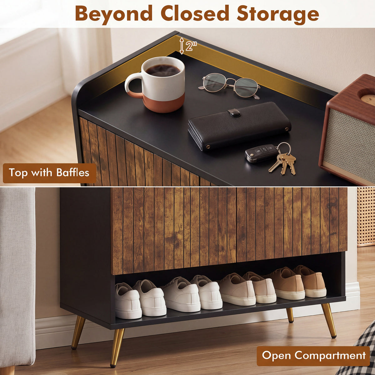 44" Shoe Storage Cabinet with 7-Tier Doors - Rustic Brown