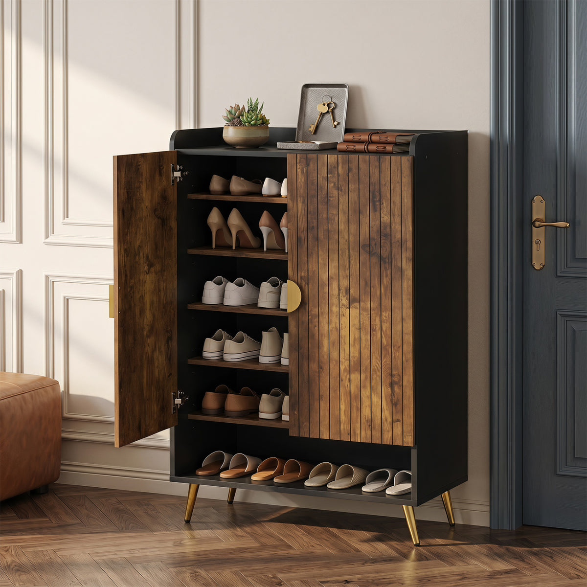 44" Shoe Storage Cabinet with 7-Tier Doors - Rustic Brown