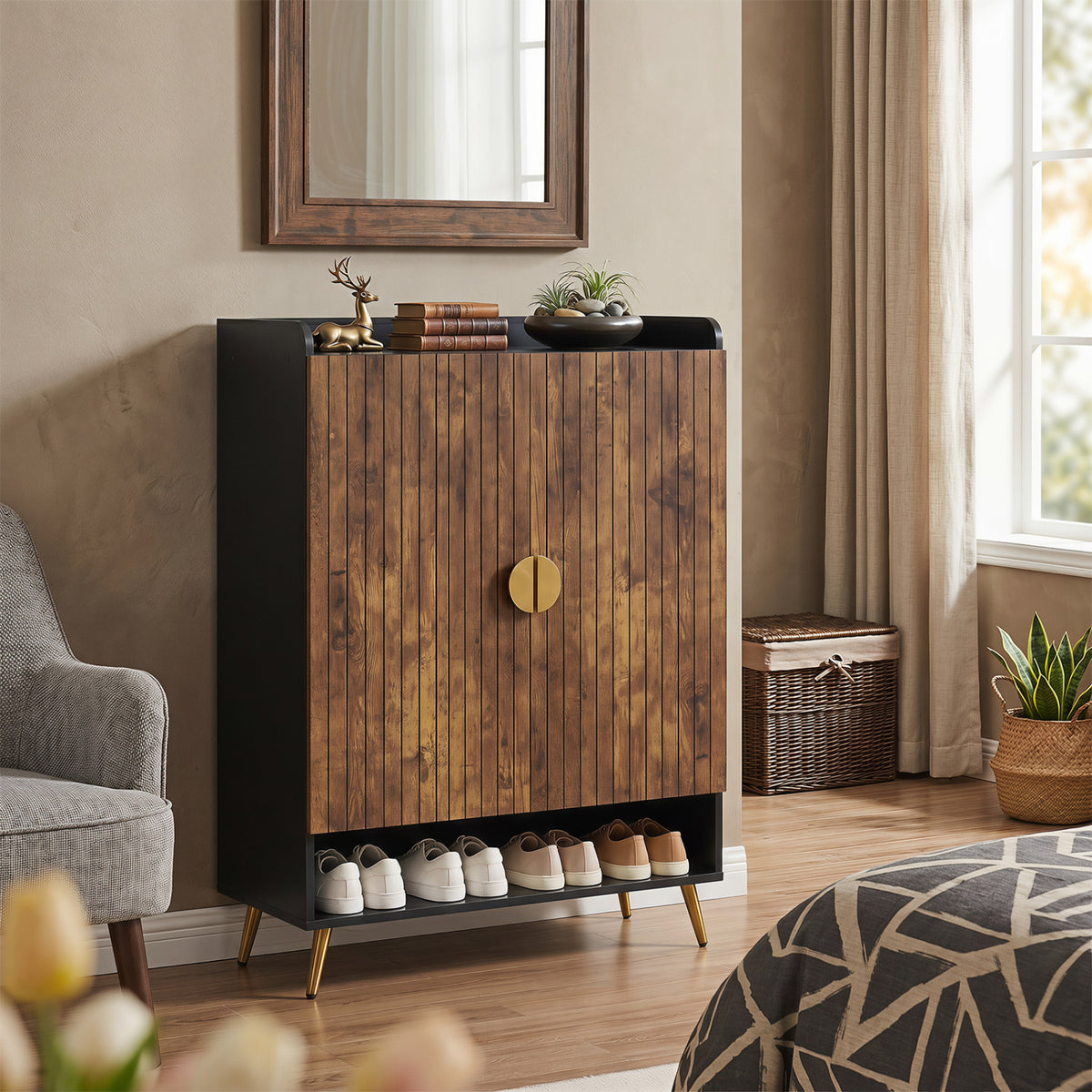 44" Shoe Storage Cabinet with 7-Tier Doors - Rustic Brown