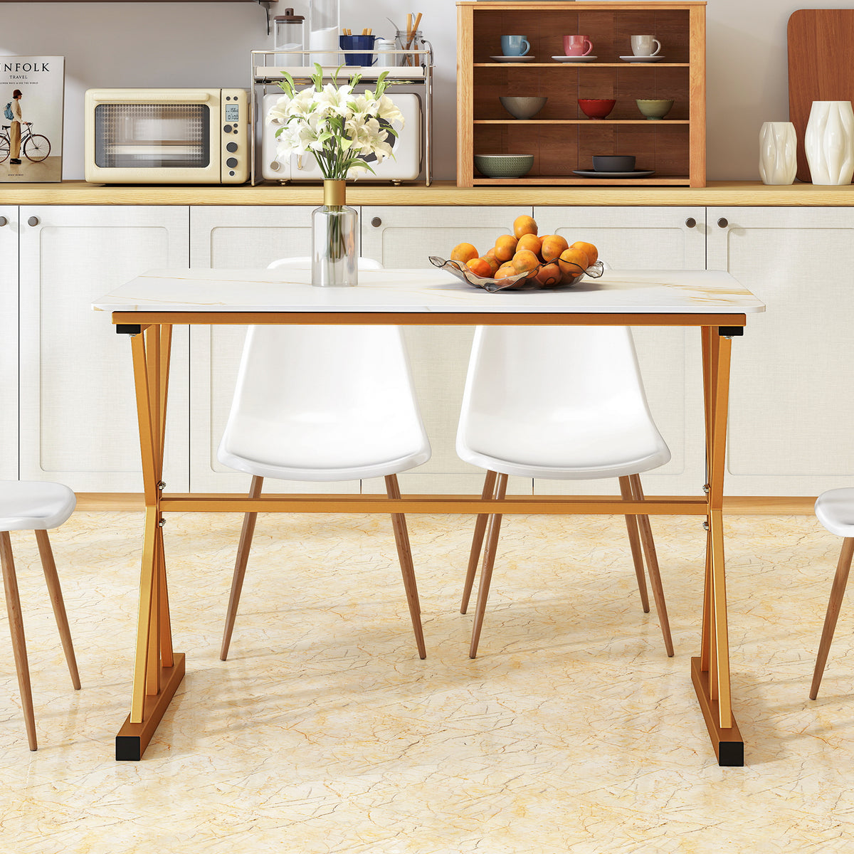 44 Inch Sintered Stone Dining Table with Metal Frame - White