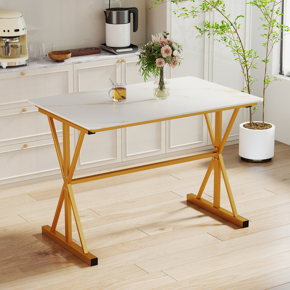 44 Inch Sintered Stone Dining Table with Metal Frame - White