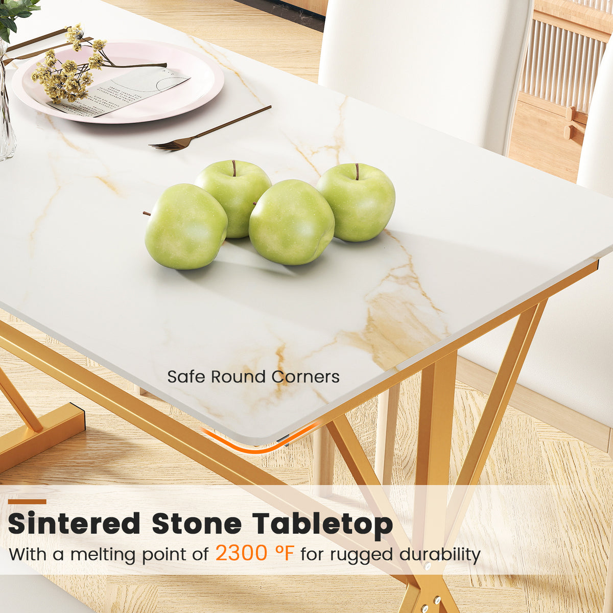 44 Inch Sintered Stone Dining Table with Metal Frame - White