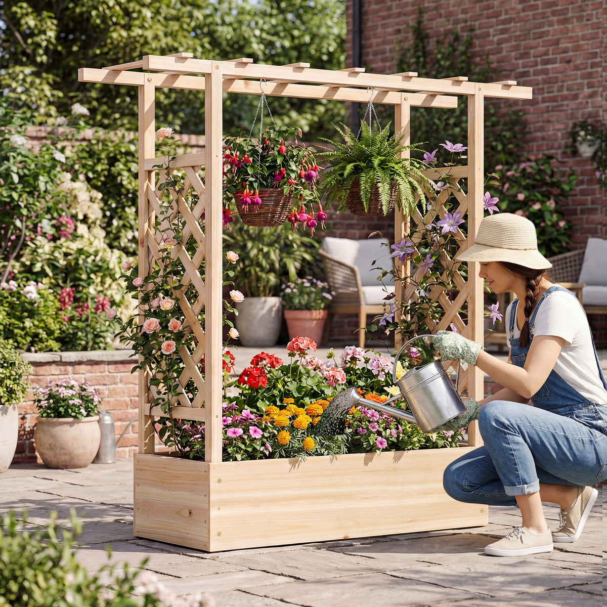 45 inch Tall Wooden Raised Garden Bed with Side Trellis and Hanging
